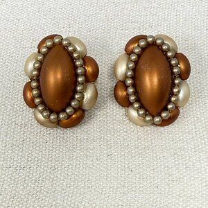 Vintage Beaded Earrings Brown Clip-on Classic Old Money ‎ Retro